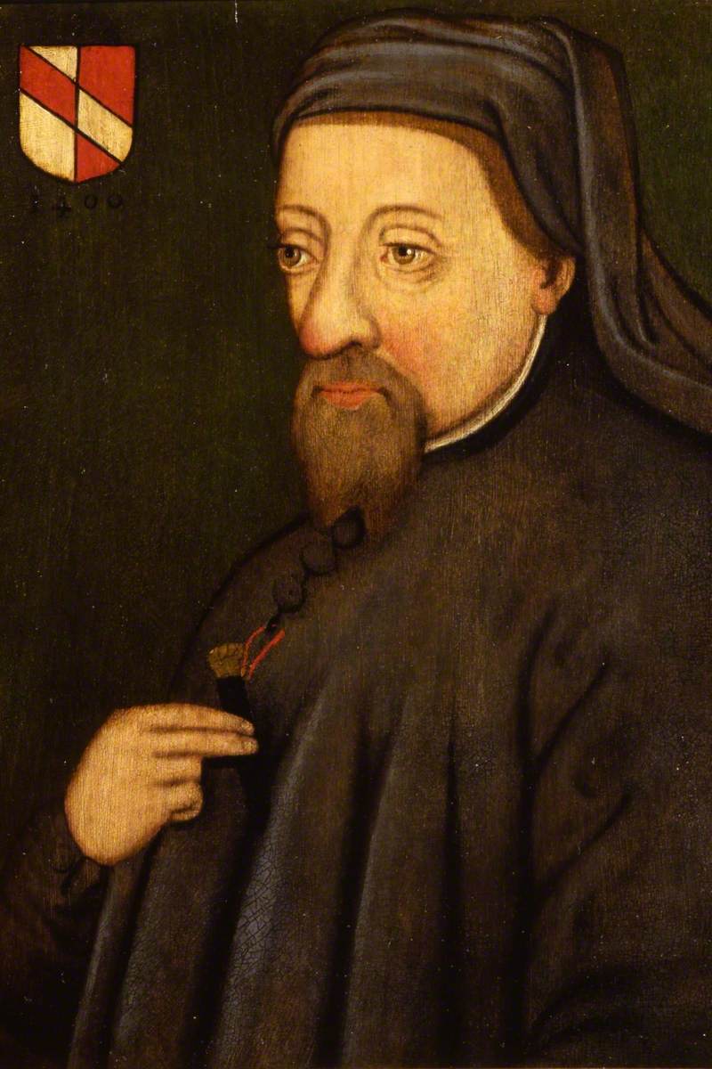 Painting of a man's head and shoulders in front of a dark brown background. He is wearing a black gown and black head scarf, his right hand is grasping a bead necklace around his neck. He has sad eyes and a whispy beard.