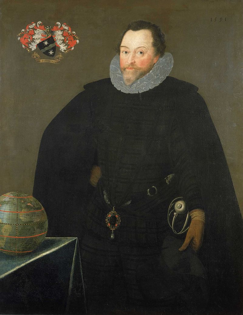 Portrait of man with short hair and a pointed beard in front of a grey backdrop. He is wearing black clothes, with a black cape, a white ruff around his neck, a black and silver belt and beige gloves. The hilt of a sword is by his left hip. A table with a globe on top is in front of him and his personal shield is painted on his right hand side.