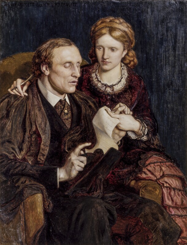 A painting of two people. On the left is a white man with short brown hair sat on an armchair, he is wearing a shirt, cravat and jacket and has a shawl wrapped around his shoulders his finger is pointing to a piece of paper and his eyes are shut. There is a white woman sat to his left on the arm of the arm chair. She has light brown hair styled in a plait and is wearing a dress, her left hand is holding a piece of paper and her right arm is around the man's shoulders holding a pen. She is looking at the man.