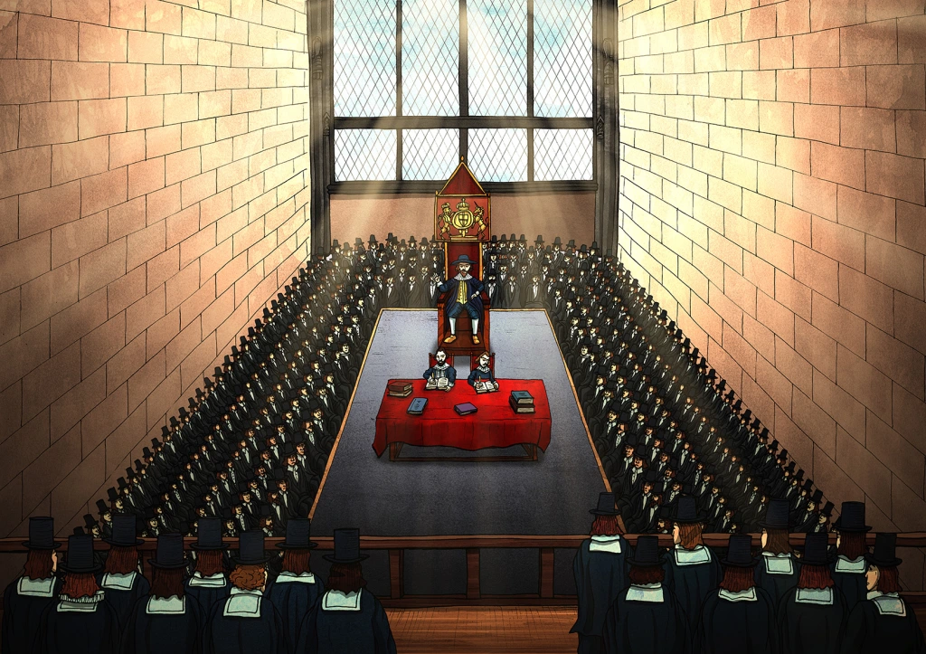An illustration of the inside of the House of Commons chamber. A man is sat in a large chair in the middle of the room, in front of him is table covered in a red table cloth and two man sat. There are men sat all around him in rows. There is a large window behind the chair with bright light coming through.