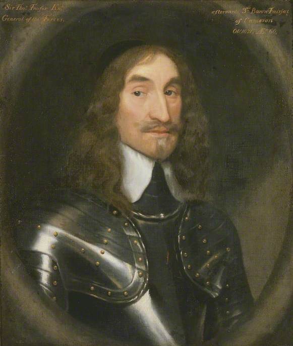 A portrait of a white man with shoulder length brown wavy hair. The portrait is in an oval and there is writing at the top. He has a moustache and a goatee and is wearing armour.