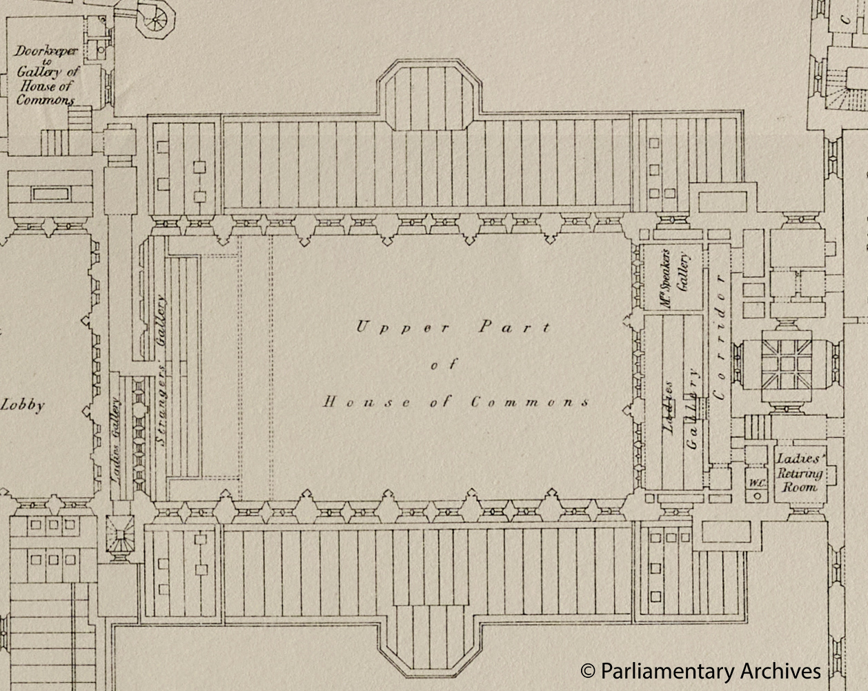 A plan of the first floor for the New Houses of Parliament. There is a large square 'The Upper Part of the House of Commons' surrounded by rooms including, Mr Speakers Gallery and the Ladies Gallery, behind these is a corridor, and behind that are more rooms including the Ladies' retiring room. On the opposite side is a standing gallery and another ladies' gallery, behind these is the lobby.