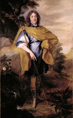 A portrait of a white man dressed as a shepherd with a yellow shawl, standing in an Arcadian landscape, holding a tool and leaning on a rock.