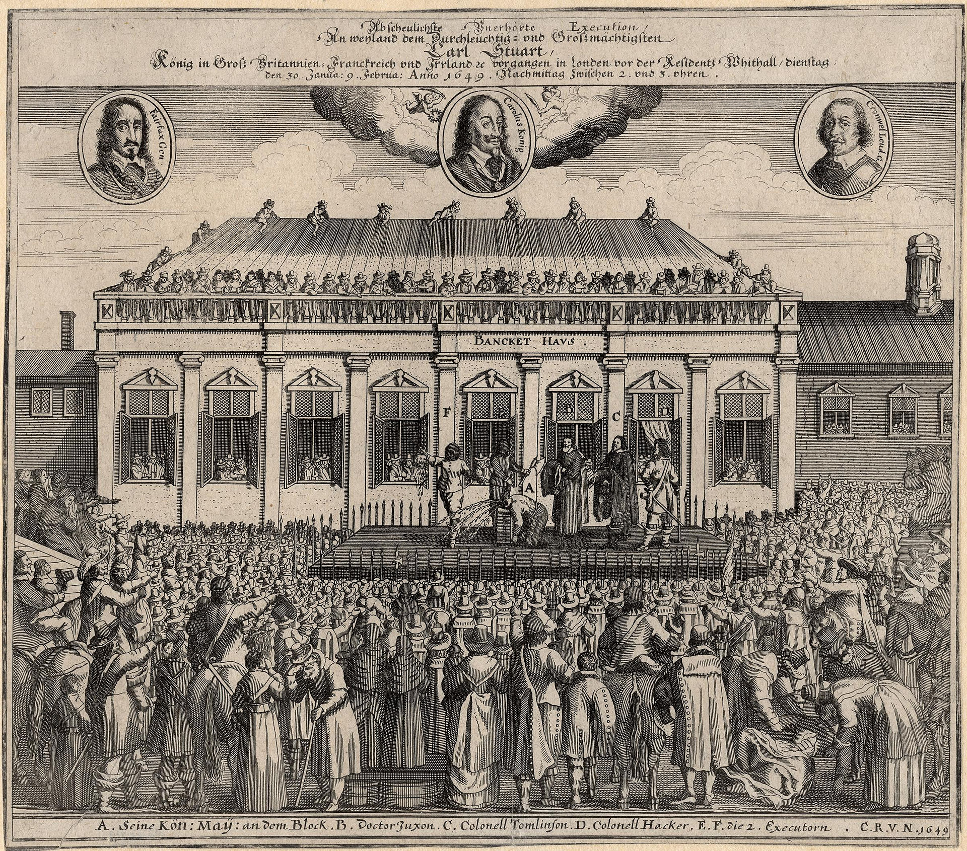 A print of the execution of Charles I. The execution is happening in the middle of a street outside of a large building -Whitehall- surrounded by
a large crowd of people, there are also people on the roof of the building and in the windows. The reaction of the spectators reflects an eyewitness account that the stunned crowd groaned with grief as the axe fell. The resemblance of the fainting woman to images of the Virgin Mary at the Crucifixion is likely to have struck a chord with contemporary viewers.