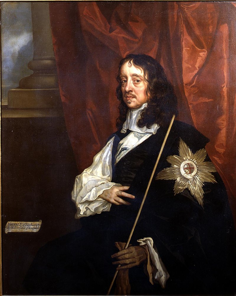 Oil portrait of Thomas Wriothesley. He is stood in front of a red curtain. He as long brown curly hair and pale skin. He is wearing a while voluminous shirt with a navy cloak draped over his left arm. A large gold badge of office is pinned to his left lapel and he is holding a long white staff in his left hand.