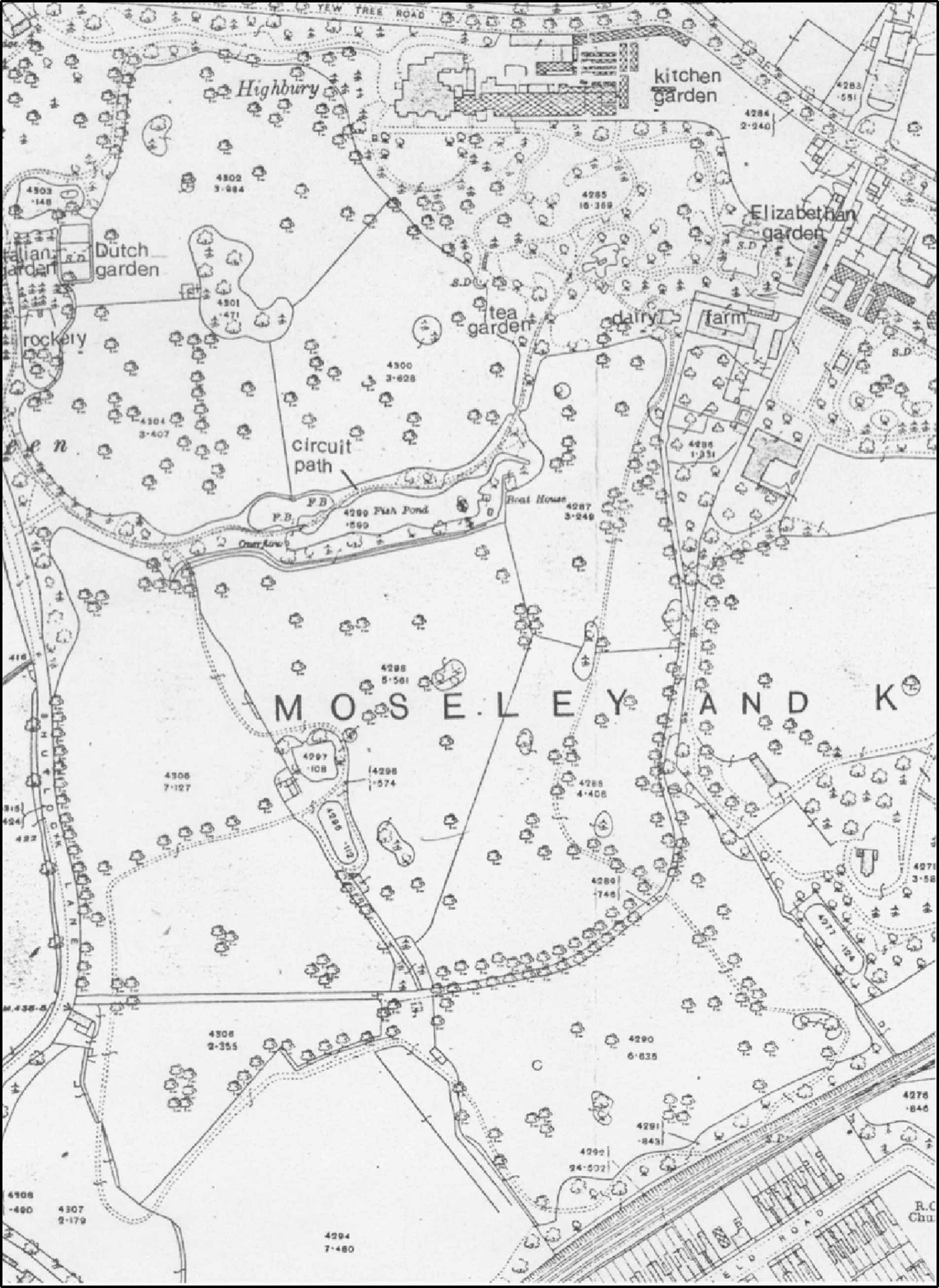 Black and white survey map of Highbury Park. Features including 'circuit path', 'tea garden', 'Elizabethan garden', 'Dutch garden' and 'kitchen garden' are labelled.