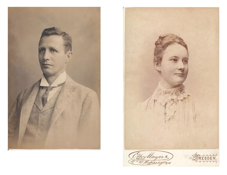 Two sepia toned photographs of John and Margaret Nettlefold. On the left John is seated, he is wearing a woolen suit and waistcoat, a white shirt and tie. Margaret is on the right, looking in the opposite direction. She has a lace collar at her neck and her hair is pinned up on her head.