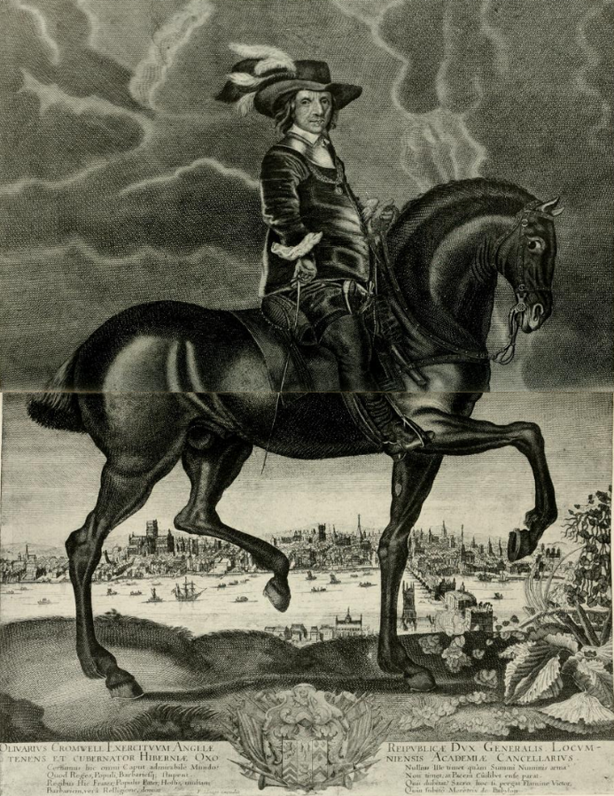 A black and white engraving of Oliver Cromwell sitting atop a large black horse in side profile. Cromwell is wearing armour and a feathered hat. The horse is mid stride with its back left and front right leg reared. The backdrop is a dark clouded sky and in the distance the cityscape of London.