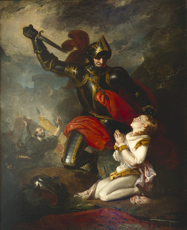 Painting of a man dressed in full metal armour with a sword raised above his head, preparing to stab an innocent looking child. The armour is grey with gold detailing and a red cape is tucked into his back and around his body. A matching red feature plume is attached to the helmet. The man's left arm is holding the boy's hair and his right is holding a sword, raised above his head and pointed towards the victim. The boy is kneeling with his hands in prayer. He has golden brown hair and is dressed all in white, looking into the face of his attacker. Scenes from a battle can be seen behind them. 