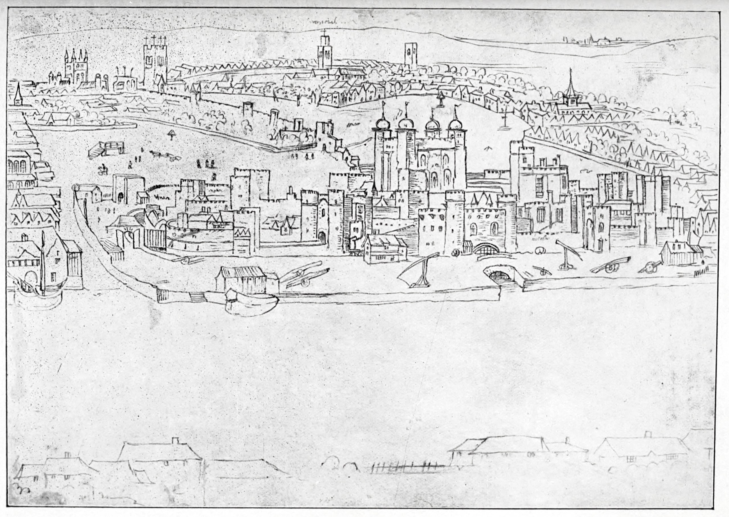 A 1500s pencil sketch of a view of London. at the bottom is empty representing the water. In the middle starts the land and the Tower of London. Behind is the sketched outline of the rest of the city, with churches peering over the rest of the skyline. Behind the city is hills and in the top right on the hills is a small town outline.