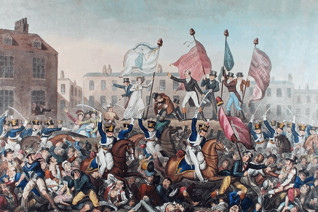 A massacre scene with seven speakers, some holding flags, on a stage in the middle of the image. In the foreground and sides cavalry soldiers on horses  stampede through a crowd with swords aloft and pointed at crowds of protestors