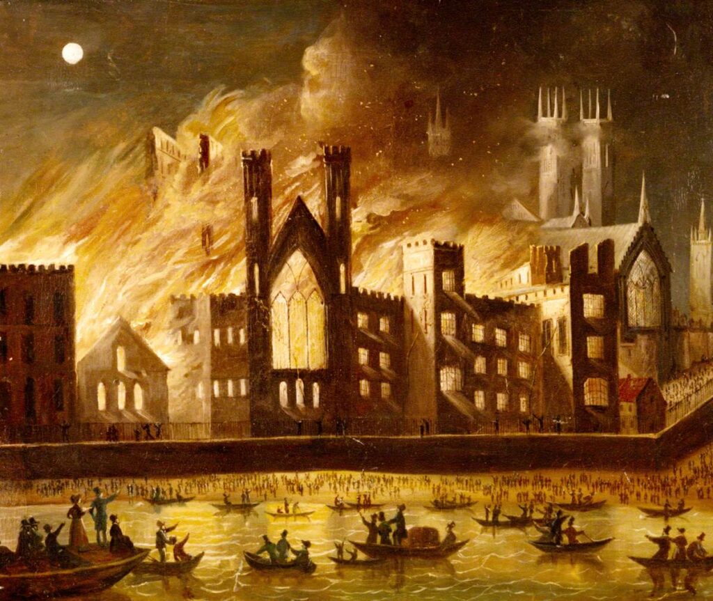 A landscape painting of the fire of 1834. Set in the evening with a full moon in the top left of the painting, in the main body of the painting is the palace of westminster engulfed in flames roaring over the roofs of the building, and windows expelling bright yellow light to below, On the walkway underneath the building, the faint silhouette of people are running away or calling for help. In the foreground and at the bottom of the painting is the River Thames, bathed in yellow reflections. There are multiple small boats out on the with people pointing and looking at the fire. Seemingly low tide, on the bank of the river are hundreds of silhouettes of people looking up at the fire. 