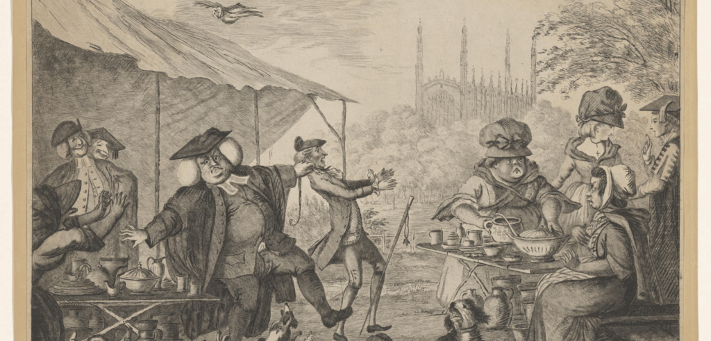 A satirical print on Cambridge academics. At a pottery market, a large man is tripping over two fighting dogs and grabs the collar of a man behind him as he falls towards a table with pots on top. Two people behind the table are laughing. On the right a woman bargains with a stall-holder for a pot; behind them a young man approaches a well-dressed young woman; in the background, King's College Chapel.