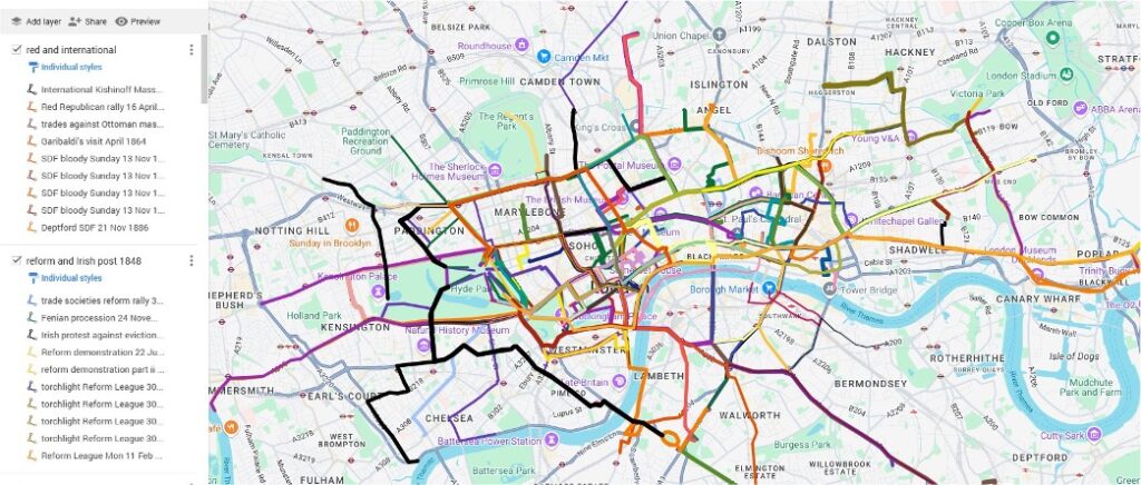 How did the routes of political processions and protest marches evolve in London during the nineteenth century?