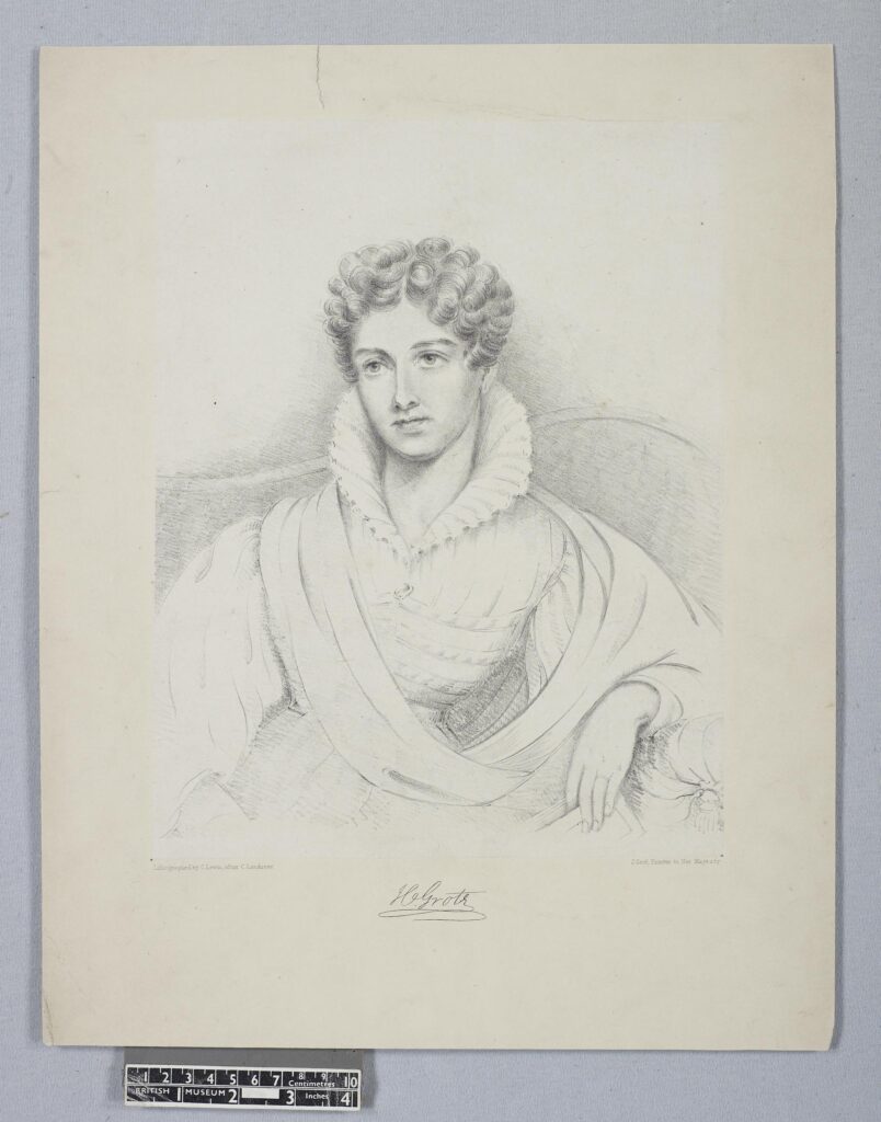 a pencil sketch portrait of Harriet Grote; half-length wearing a high collar, facing forward, on sofa.