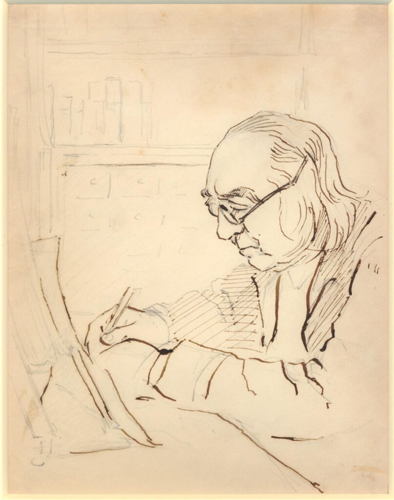 An ink line half-length portrait of Jeremy Bentham. Seated, he is writing on a desk, in almost profile looking left. He has medium length hair and is wearing spectacles. 