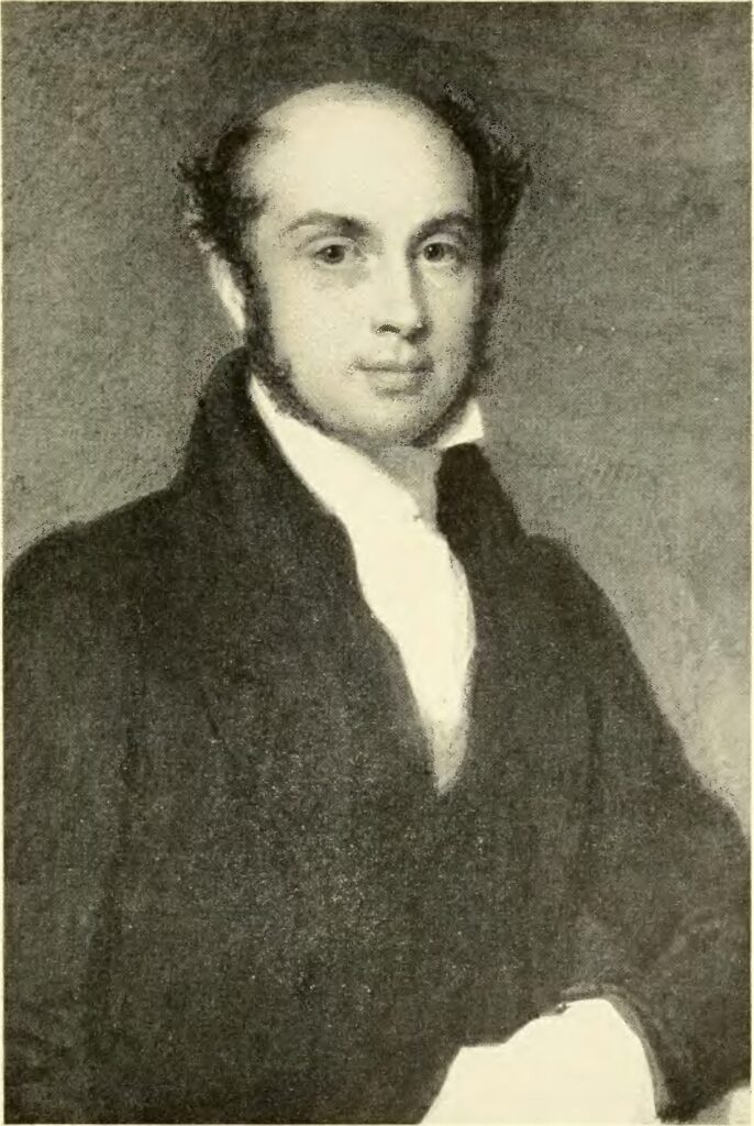 A portrait of Benjamin Rotch from above the waist. He is resting his arm on something out of the painting. Rotch is wearing a high collared shirt and a dark coat in front of a plain background. 