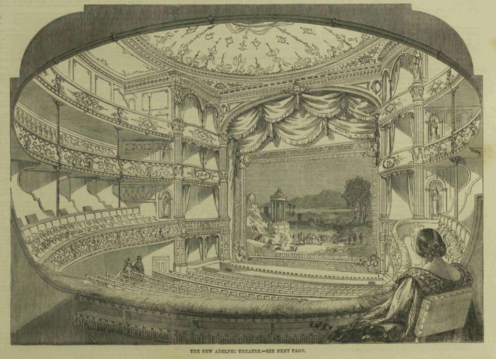 A sketch of the Aldephi Theatre from a view from the dress circle seating overlooking the stage and the stalls. On the stage is a stage cover depicting a line of people moving towards a monument in the open landscape. In the bottom left in the dress circle is a victorian dressed women overlooking the theatre. 