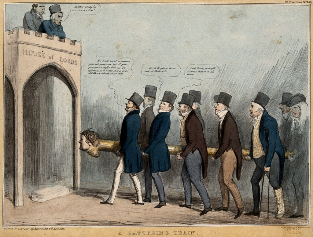 Two men standing high up on a crenelated building inscribed "House of Lords" peer down at a group of politicians in top hats carrying a battering ram with the head of Daniel O'Connell.
