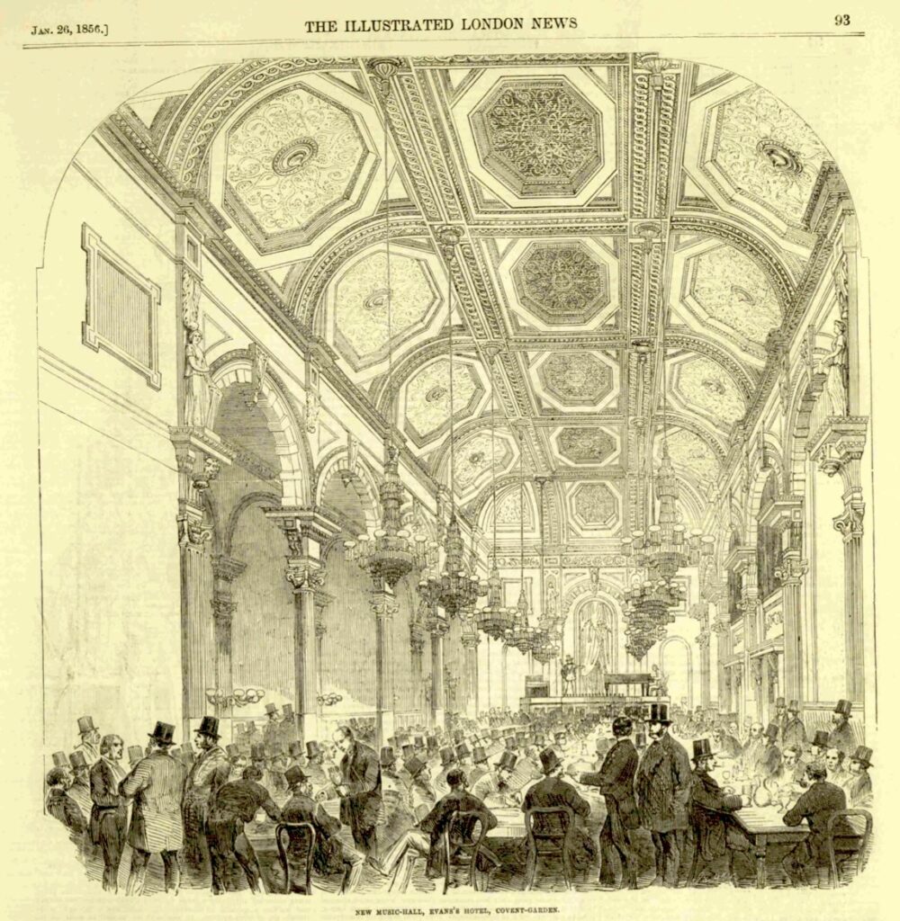 A sketch of Evans's supper room on yellowed paper. The supper room is a high ceilinged room with an ornately decorated ceiling, with eight chandeliers hanging down. The hall is flanked by ornate pillars. In the cnetral hall, it is full of men sitting down at three long tables, all smartly dressed in top hats. At the far end is a stage with a piano on top. 