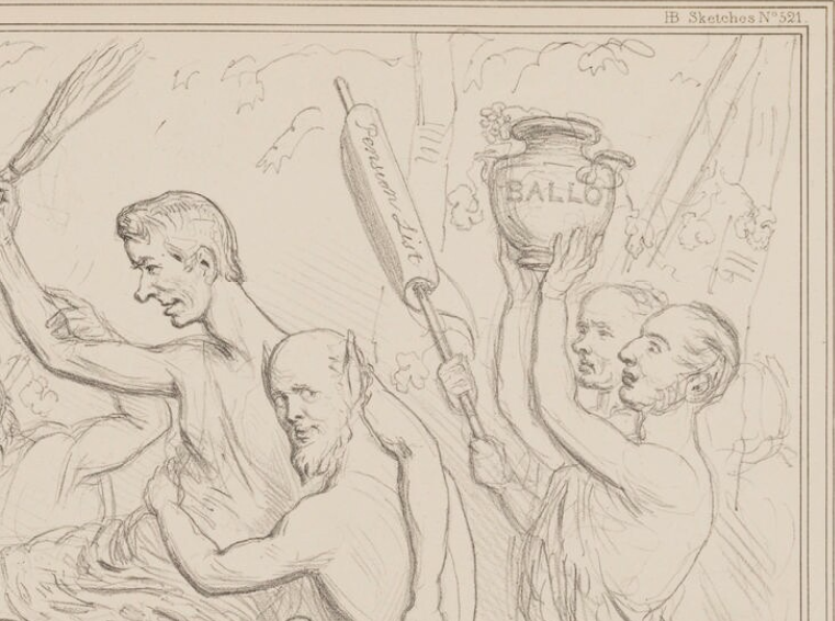 A cropped pencil sketch titled March of Silenus. Dressed in tunics, George Grote raises an urn with 'Ballot' inscribed on it, a man behind him is holding a flag, to the left a man depicted with pointy ears looks back at Grote, with his hands around the waist of another man looking forward wielding a set of sticks as a whip. 
