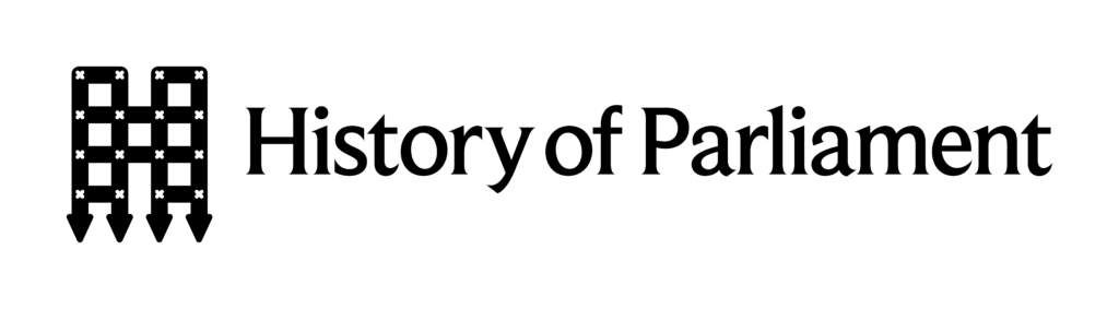 Image of black logo on white background. On the left hand side is a portcullis shaped like a capital H and the words History of Parliament following it. 