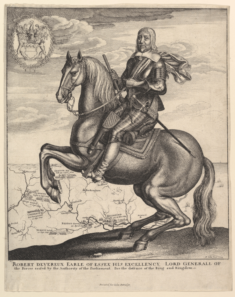 Portait of Robert Devereaux, 3rd earl of Essex by Wenceslas Hollar. Essex is on horseback, with the horse rearing up on its hind-legs. Essex is wearing armour, with a cloak floating in the wind, and has a sword in a scabbard hanging from his side. The background is a map of south-east England and of the English coastline. In the top left corner is a coat of arms. Along the bottom of the image runs the inscription 'Robert Deveareaux earle of essex his excellency Lord Generall of the forces ratified by the authority of the Parliament for hdefence of the King and kingdom'. 