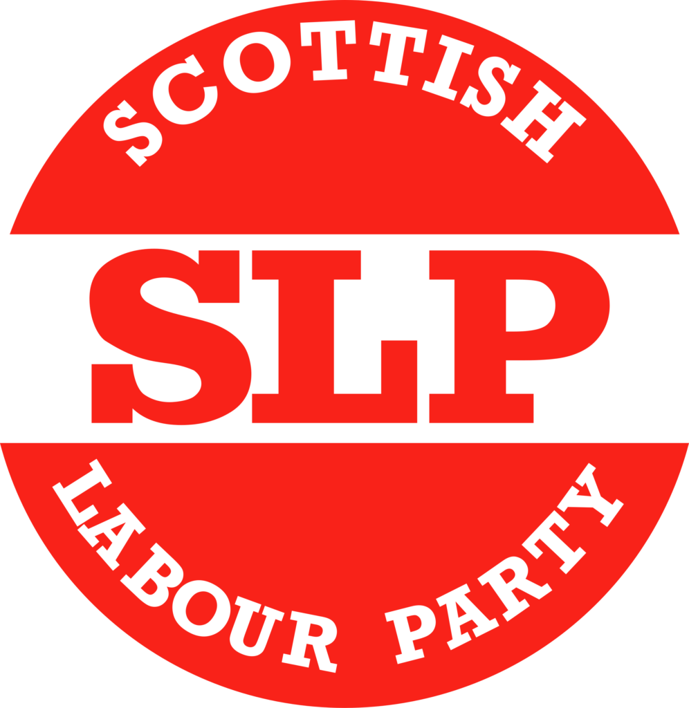 Logo of the Scottish Labour Party (1976-1981). The logo is ar red circle, with the letters 'SLP' emblazoned across the middle, with the word 'SCOTTISH' running along the top curve of the logo, and the words 'Labour Party' along the bottom. 