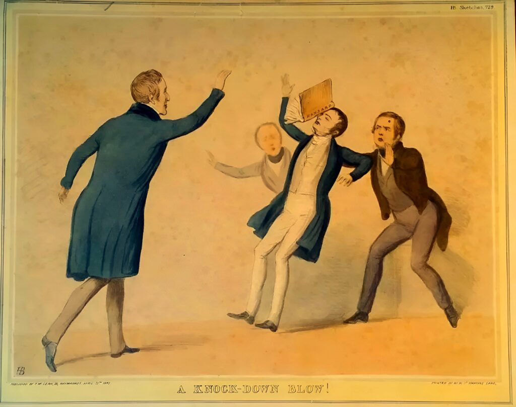 A coloured cartoon where a man in a blue coat and cream trousers throws a book called 'Hansard' into the face of another man. The man who is struck in the face is falling backwards, with two other men behind looking on and one trying to stop his fall. The caption underneath reads 'A Knock-Down Blow!'