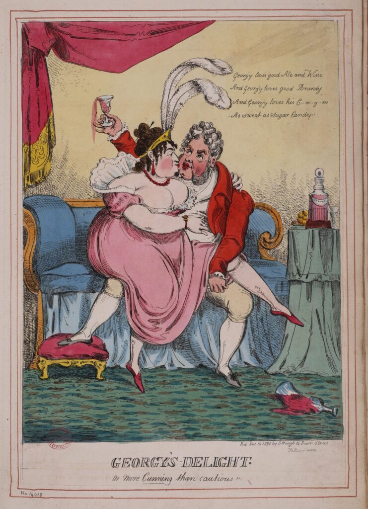 A woman sitting on top of a man's lap as they both attempt to kiss each other. The man is holding a glass of wine that is spilling.