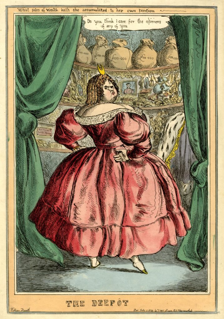 A woman in a large red dress with her head turned to look at the viewer. In the background is a closet full of bags of money and jewels