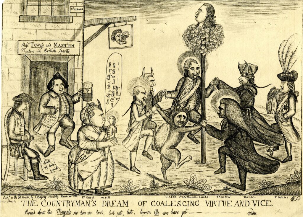 Ten men dance around a pole, some with tails. The poll has a head attached to it. There is a pub in the background, and one man is drinking ale.