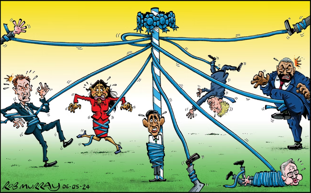 A blue candy-striped maypole trimmed with rosettes is sending out ribbons to grab and pinion Rishi Sunak and his cabinet. Sunak is pinned flush to the maypole, while Michael Gove lies supine in the grass, both completely immobilised