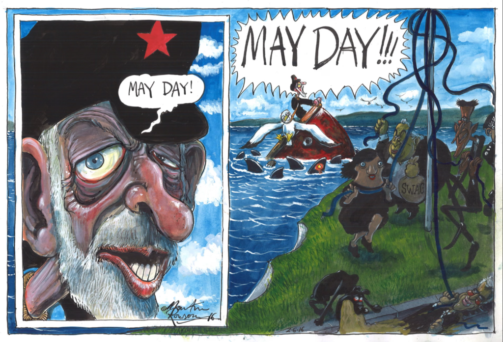 Jeremy Corbyn lets out a distress call from his sinking ship. In the foreground of the cartoon, Zac Goldmith, Jeremy Hunt, and Nicky Morgan all circle a maypole, merrily dancing (or collapsing) while holding blue ribbons.