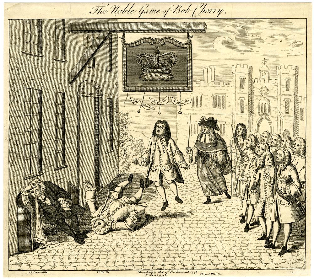 A satirical print titled 'The Noble Game of Bob Cherry'. With St. James's Palace in the background and a public house to the left of the foreground, three cherries and an empty string hang from the sign of the inn which depicts a crown. On the bench next to the inn, a man is vomiting a cherry, next to him a man is on his back on the floor after failing to get a cherry. Beside him a man is jumping up, his mouth open, hoping to capture one of the cherries, with a man in  judicial regalia behind him. On the right, a group of men are watching on.  