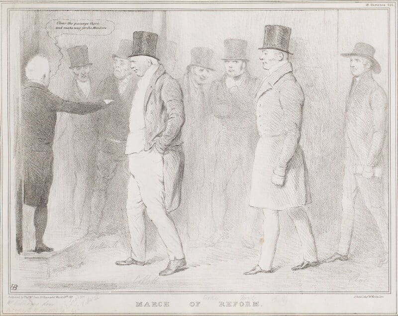 A black and white sketch titled 'March of Reform.' To the left, a man in parliamentary staff attire is gesturing to a small crowd of suited top-hatted men and says "clear the passage there and make way for the Members." In front of the crowd walk three men towards the House of Commons official, two in top hats and one on the furthest right in a smaller wider brimmed Quaker hat. The furthest right depicts a younger man, Joseph Pease; in front of him a slightly older man, John Gully; and in front of him an again older and slightly dishevelled man with an open tailed coat, William Cobbett.
