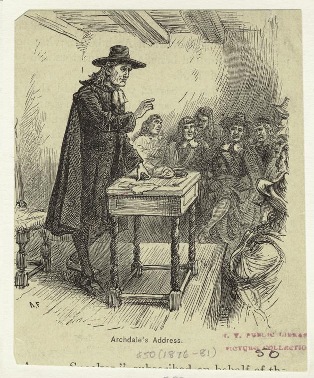 A black and white sketch of a man standing at a table addressing a small crowd who are seated inside a small room. He is standing on a wooden platform with his left hand resting on the table in front of him and gesturing to the crowd with his right. He is wearing all black, with front buckled shoes, stockings, long jacket and black cape over the back, with a white necktie and a black wide brimmed hat. He has long swept back hair and is clean shaven. The title underneath this sketch reads 'Archdale's Address'. 