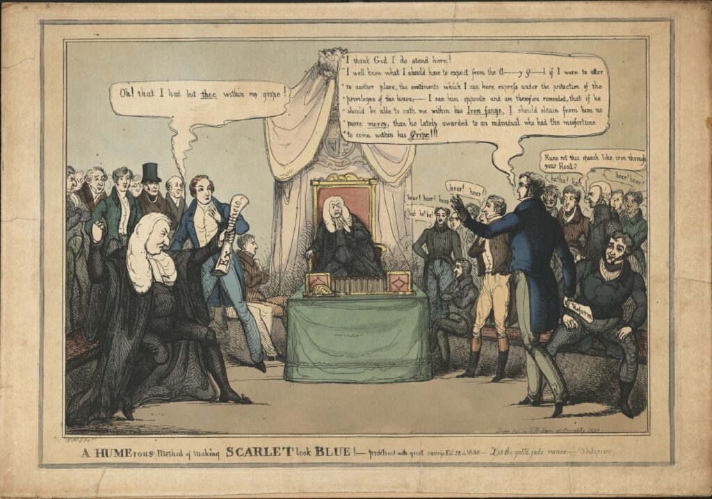 Caricature depicting a dispute between Joseph Hume and James Scarlett in the Commons. Charles Manner Sutton is in the centre of the image, in the speakers chair, squirming with discomfort. On either side Hume and Scarlett are arguing while supporters of each man cheer them on in the background. 