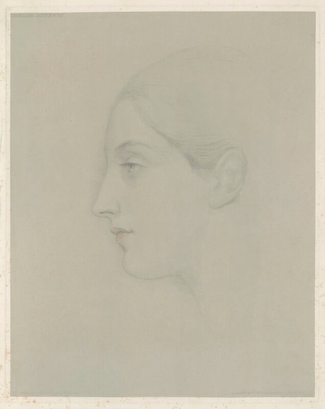 Sketch drawing of Ellen Manners Sutton. She is facing profile with pulled back hair, soft features and light red lips. 