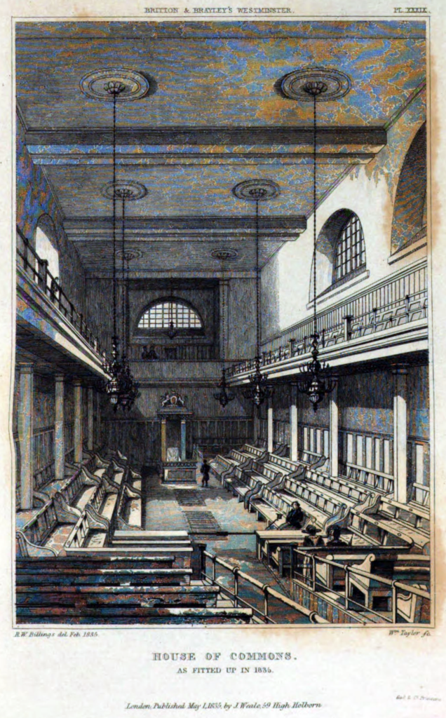 Depiction of the interior of the House of Commons in 1836. In the centre of the image is the Speakers Chair and despatch box, flanked both sides by the Commons benches. Above is visitors gallery and in the foreground is the gangway entrance into the chamber, flanked on both sides by benches. 
