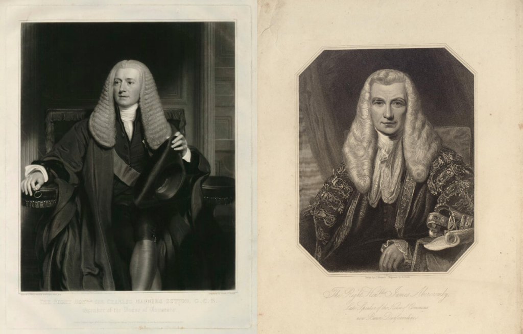Two portraits, side by side, of Charles Manners Sutton and James Abercromby. Both are depicted wearing the traditional robes and long white wig of the speaker. 