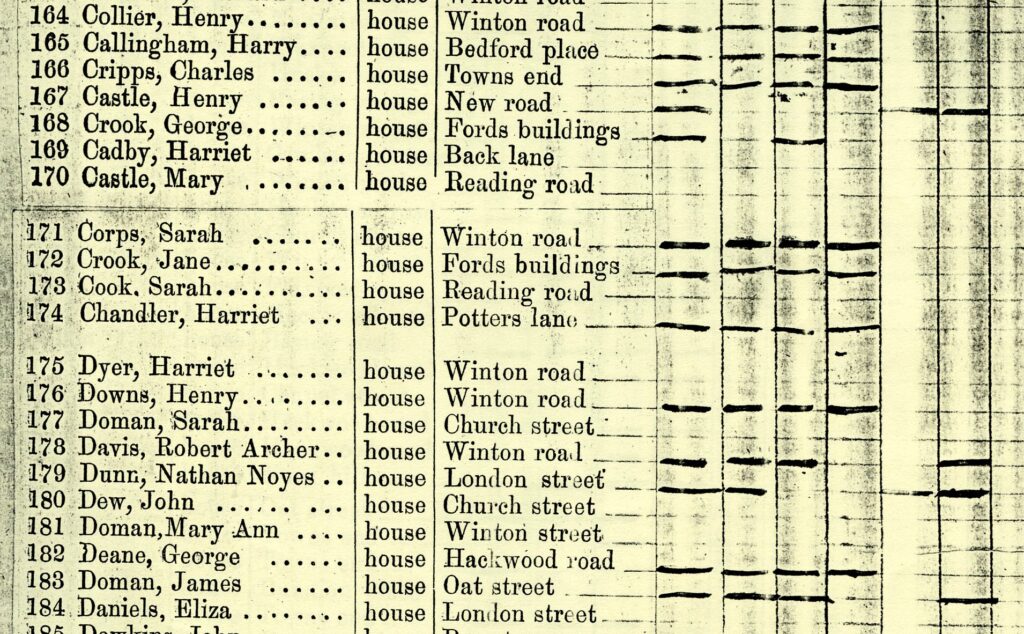 An extract from a poll book from the 19th century. Typed out, it lists the names, what type of accomodation they live and where. There are both male and female names included in the list. 
