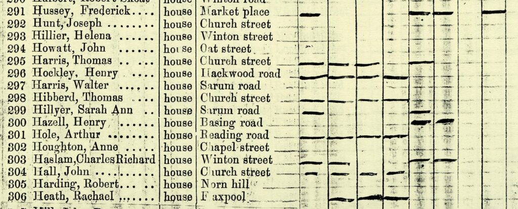An extract from a poll book showing plumper voters from the 19th century. Typed out, it lists the names, what type of accomodation they live and where. There are both male and female names included in the list. 