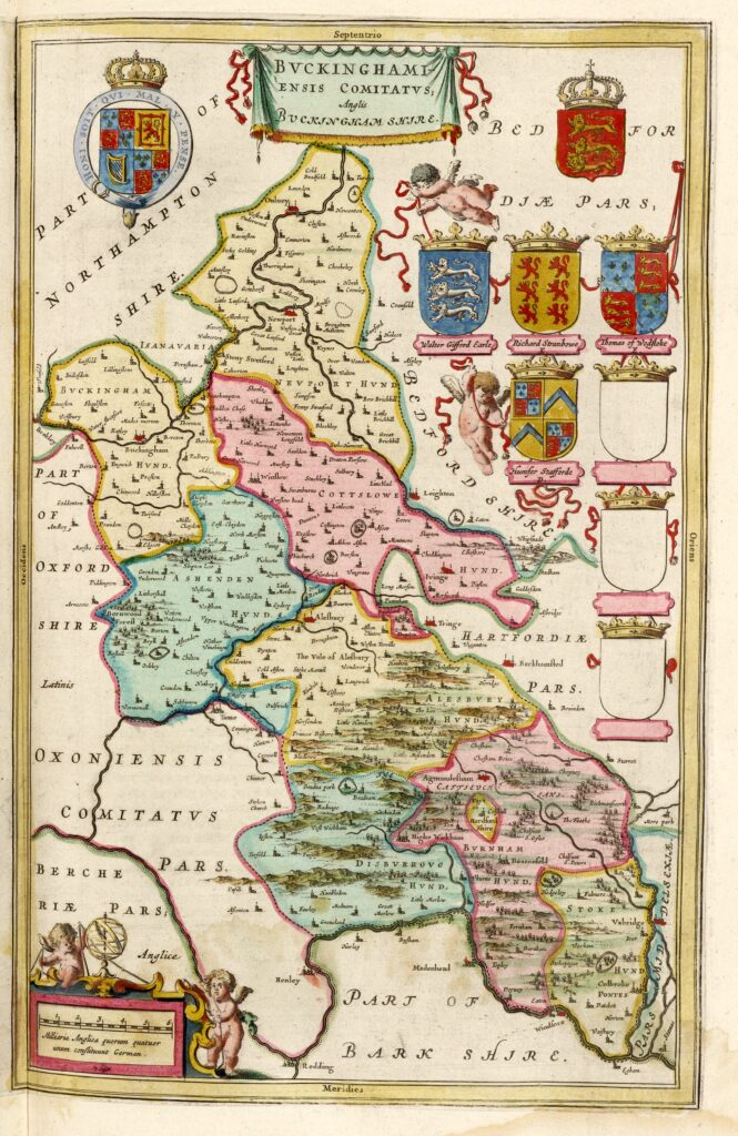 A map of Buckinghamshire, that includes the three Chiltern Hundreds of Stoke, Desborough and Burnham in the south of the county