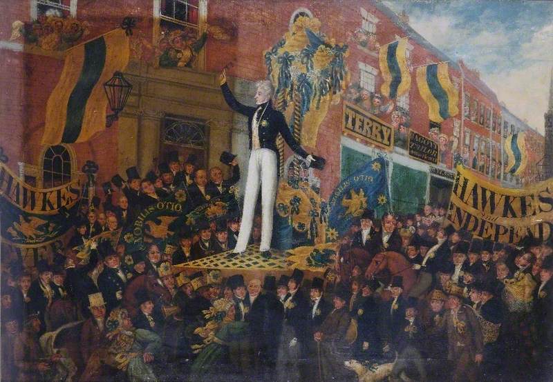 Colourful painting of a man standing on a platform with a chair behind him, decorated in blue and yellow. He is in a procession through a large crowd, with buildings shown behind him, and yellow and blue flags.