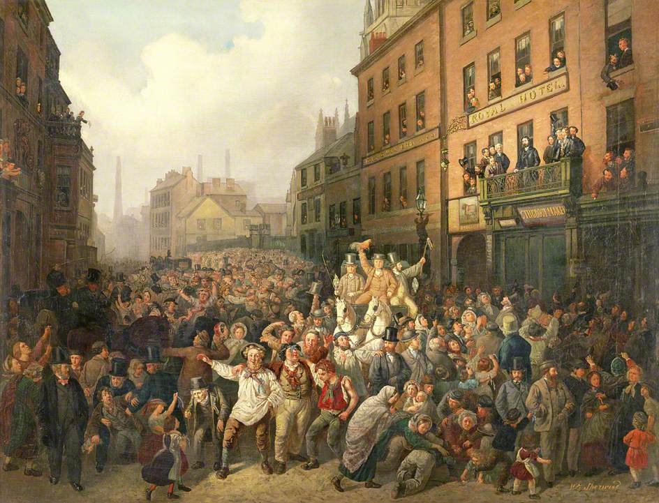 A painting of a street in Preston lined with people celebrating. In the background you can see three large chimneys of factoires. To the right, there are people in the windows of the 'Royal Hotel' dressed very smartly overlooking the rowdy celebrations. 