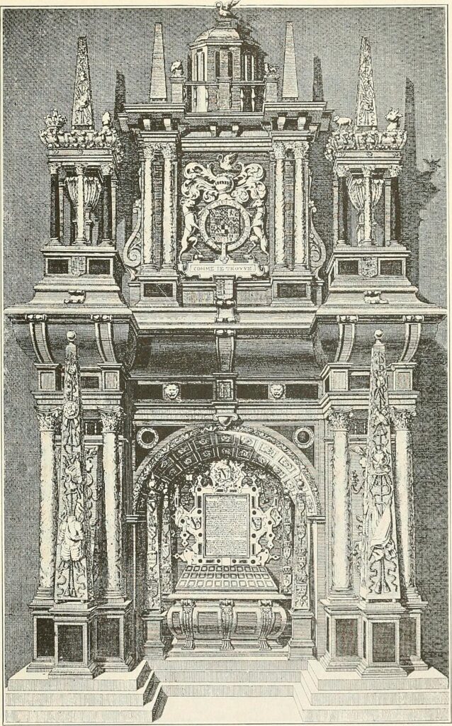 An etching of Henry Carey, 1st Baron Hundson's ornate tomb at Westminster Abbey. 