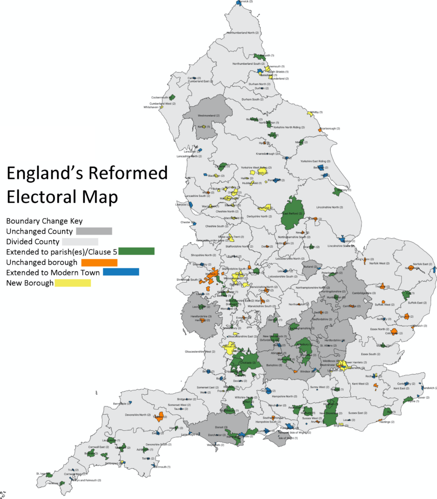 England's Reformed Electoral Map after the 1832 Boundary Act. England is divided into its constituencies which is largely light and dark grey, with a few marked in different colours. To teh left of the image is a Boundary Change Key which lists the following: dark grey is an unchanged county, light grey is a divided county, green is extended to parish(es)/clause 5, orange is unchanged borough, blue is extended to modern town, yellow is new borough. 