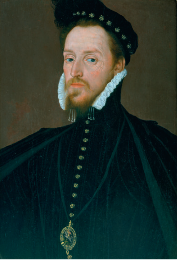 Oil on canvas portrait of Henry Carey, 1st Baron Hundson. Hundson is looking at the viewer, wearing a black tunic with gold buttons and a Tudor-style ruffed collar. He is wearing an ornate medlian and a black cap. He has craggy wrinkled features and a light brown moustache and patchy beard. 