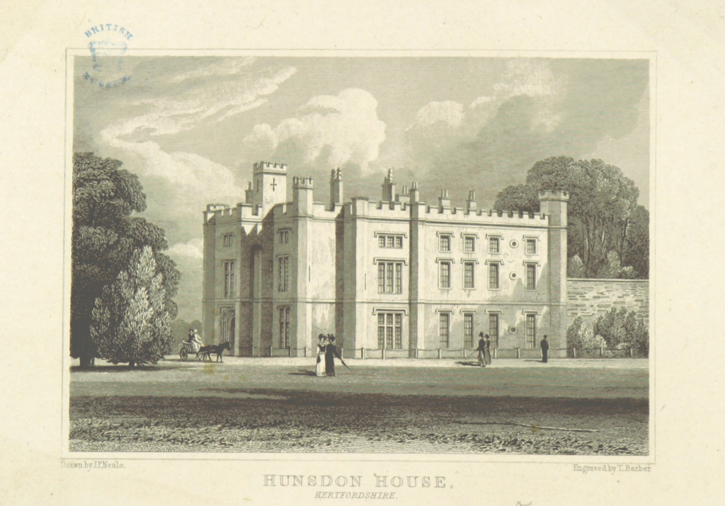 19th century drawing of Hundson House. It is a grand 15th cenutry mansion with medieval style turrets and towers. 